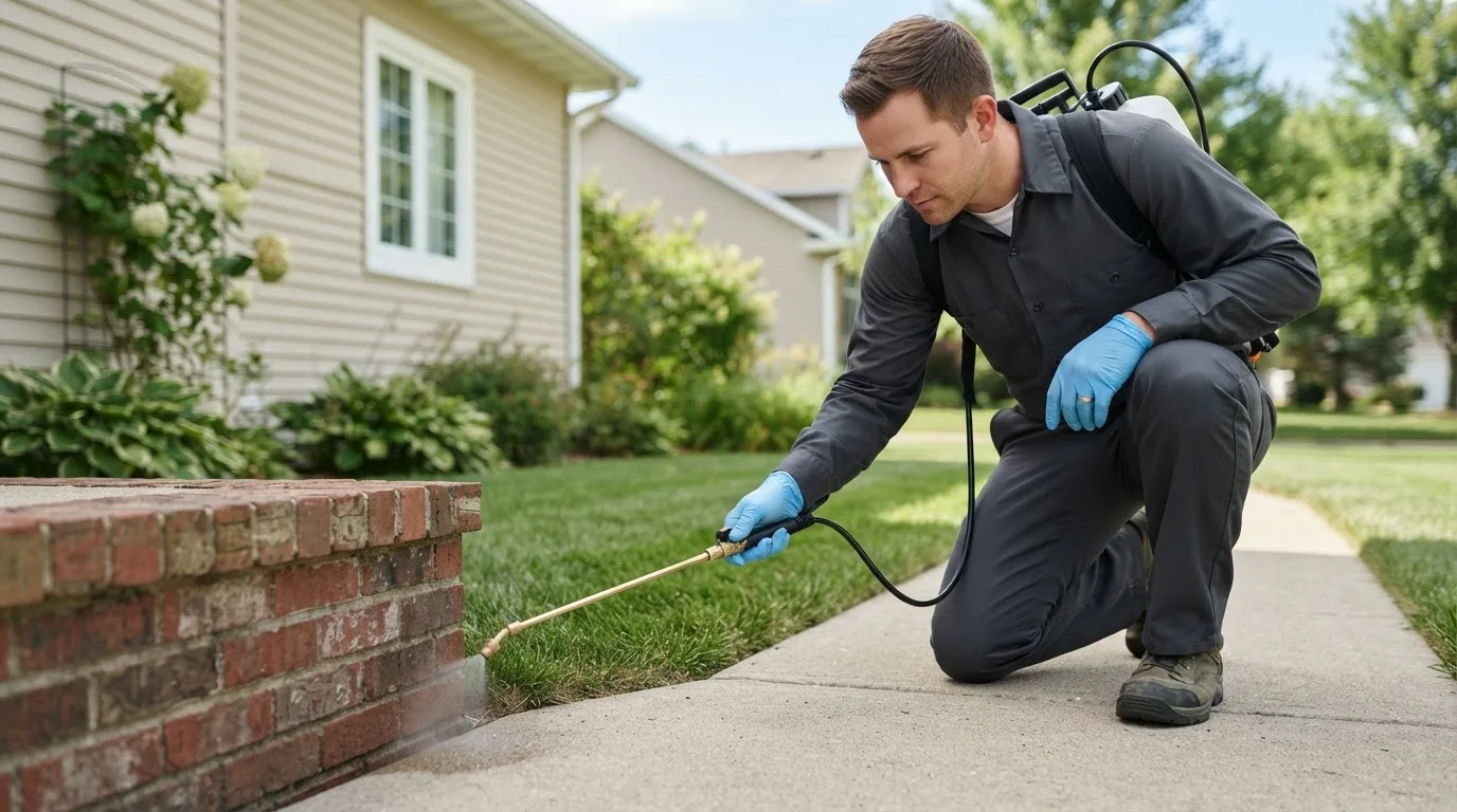 Pest control technician treating a home near Delta, IA