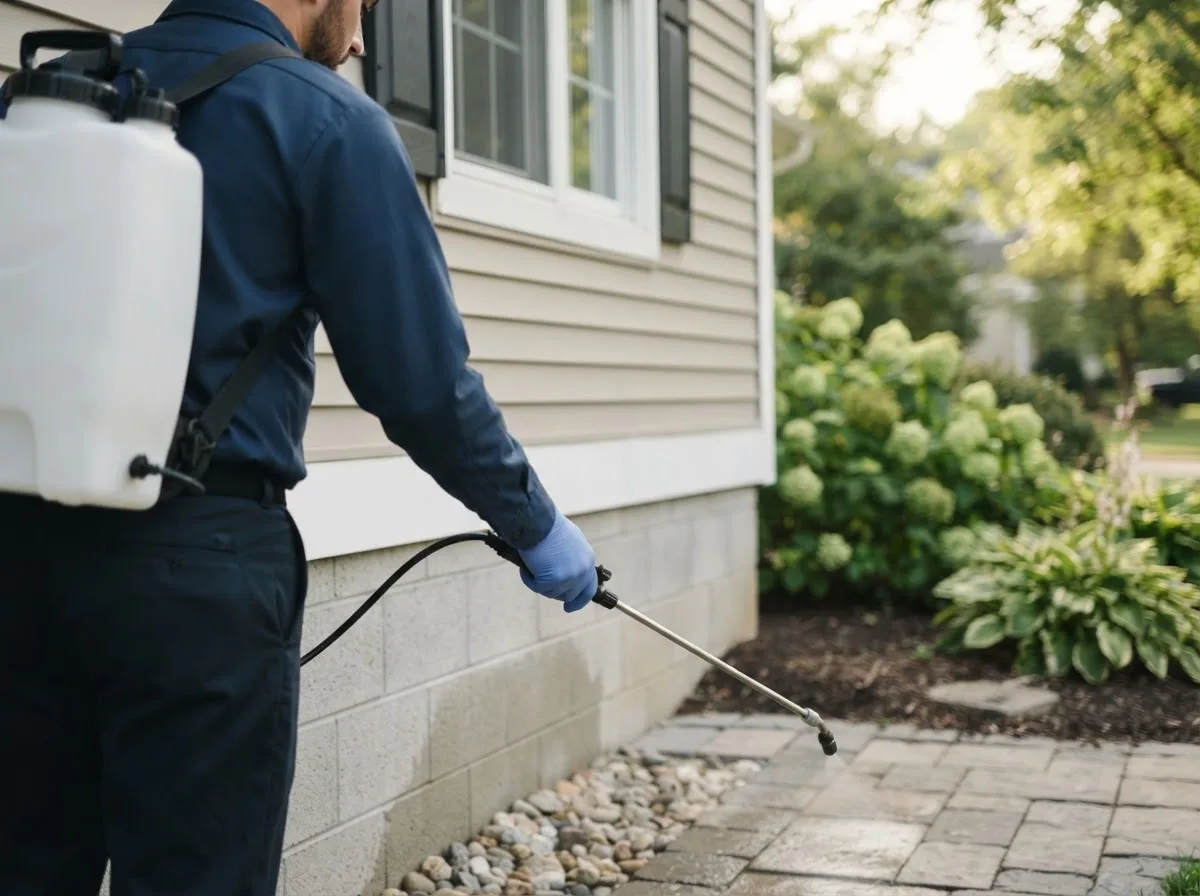 Pest control technician inspecting a home in Delta, IA